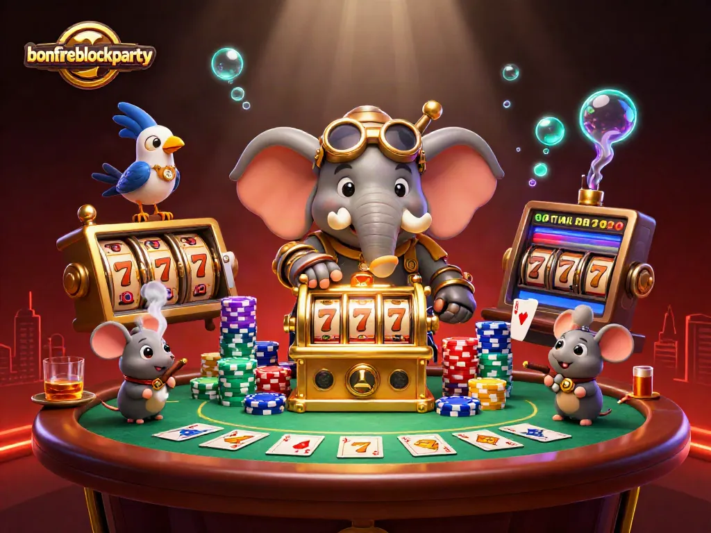 Experience the thrill of spinning at bonfireblockparty's slot machine with steampunk twists and colorful elements.