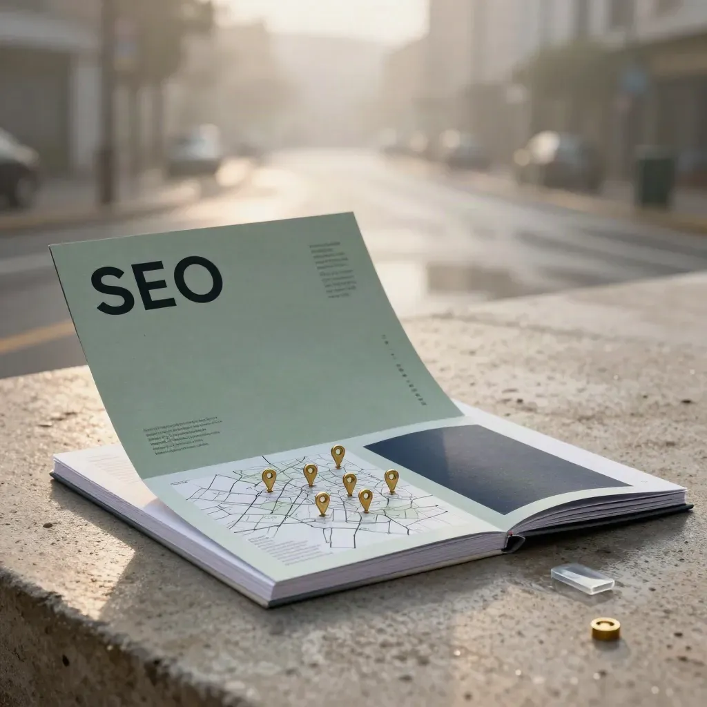Dossier SEO con mapa plegado, pines y chips analíticos sobre concreto mojado al amanecer.