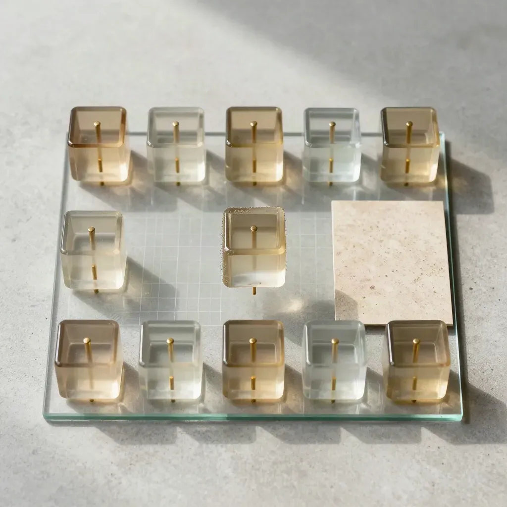 Kit de seguimiento con cubos translúcidos y placa de vidrio sobre concreto claro.