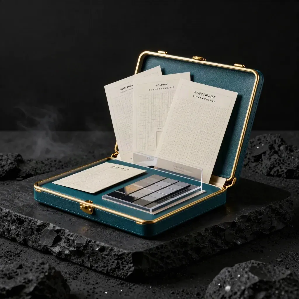 Kit de adquisición en teal y dorado abriéndose sobre plinto negro, con tarjetas modulares y brillo premium.