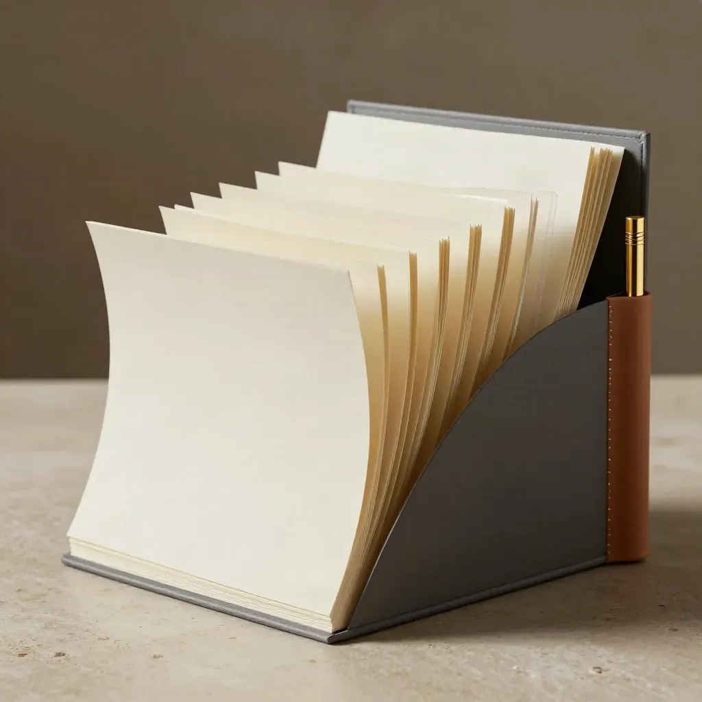 Kit de textos para servicios con hojas en blanco, carpeta mate y detalles dorados sobre piedra clara.