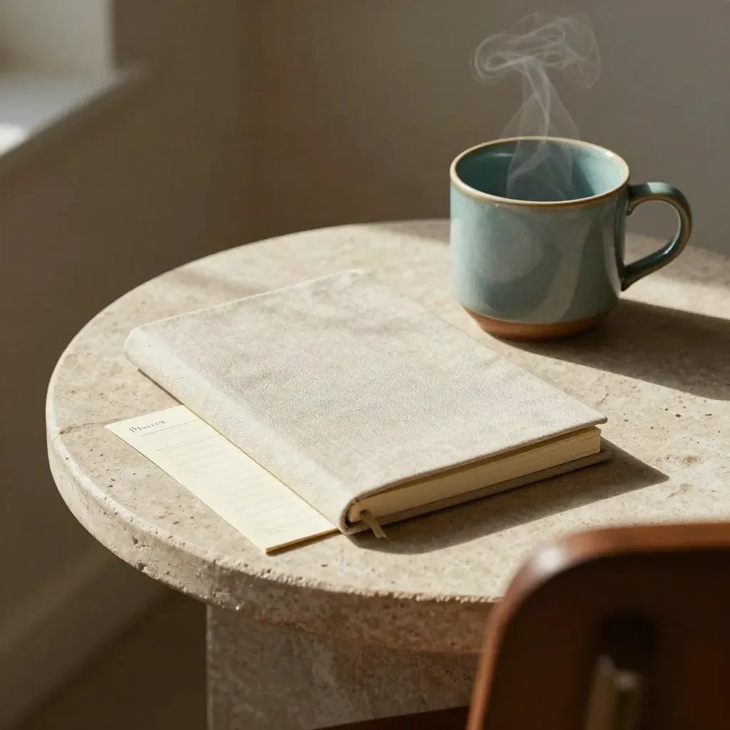 Kit de mentoría para autónomos con libreta, tarjeta doblada y taza de cerámica junto a una silla.