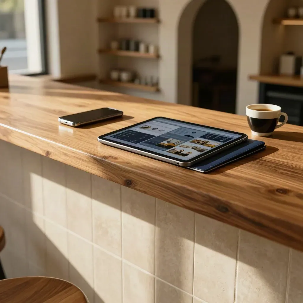 Interior cálido con mostrador de madera, tablet y móvil, luz de tarde y espacio limpio para texto.
