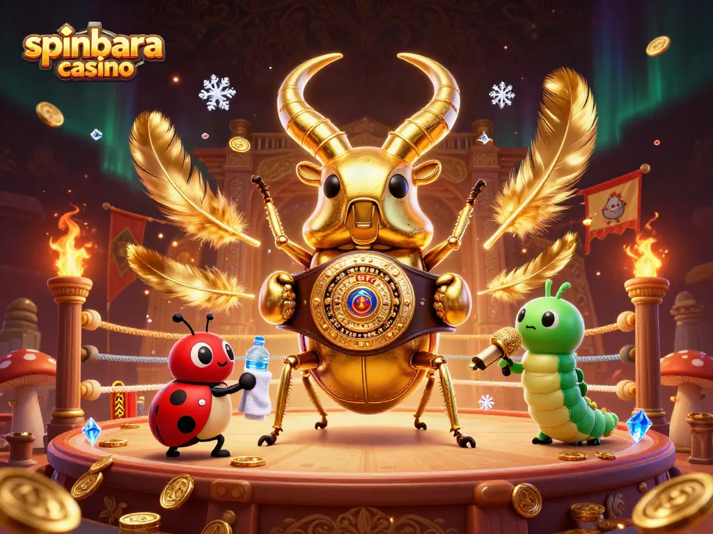 Spinbara Casino illustration showcasing a fun boxing match featuring a stag beetle, ladybug, and caterpillar