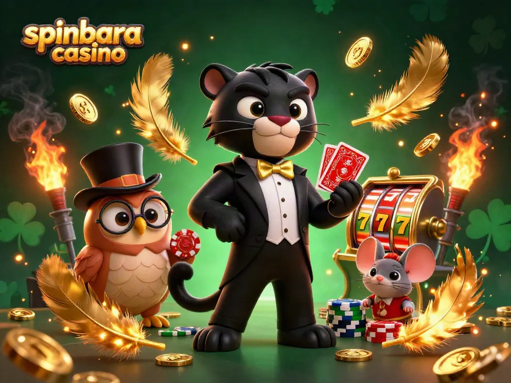Experience the thrill of spinbara casino with a stylish panther, owl, and lucky mouse amid dynamic gaming elements.